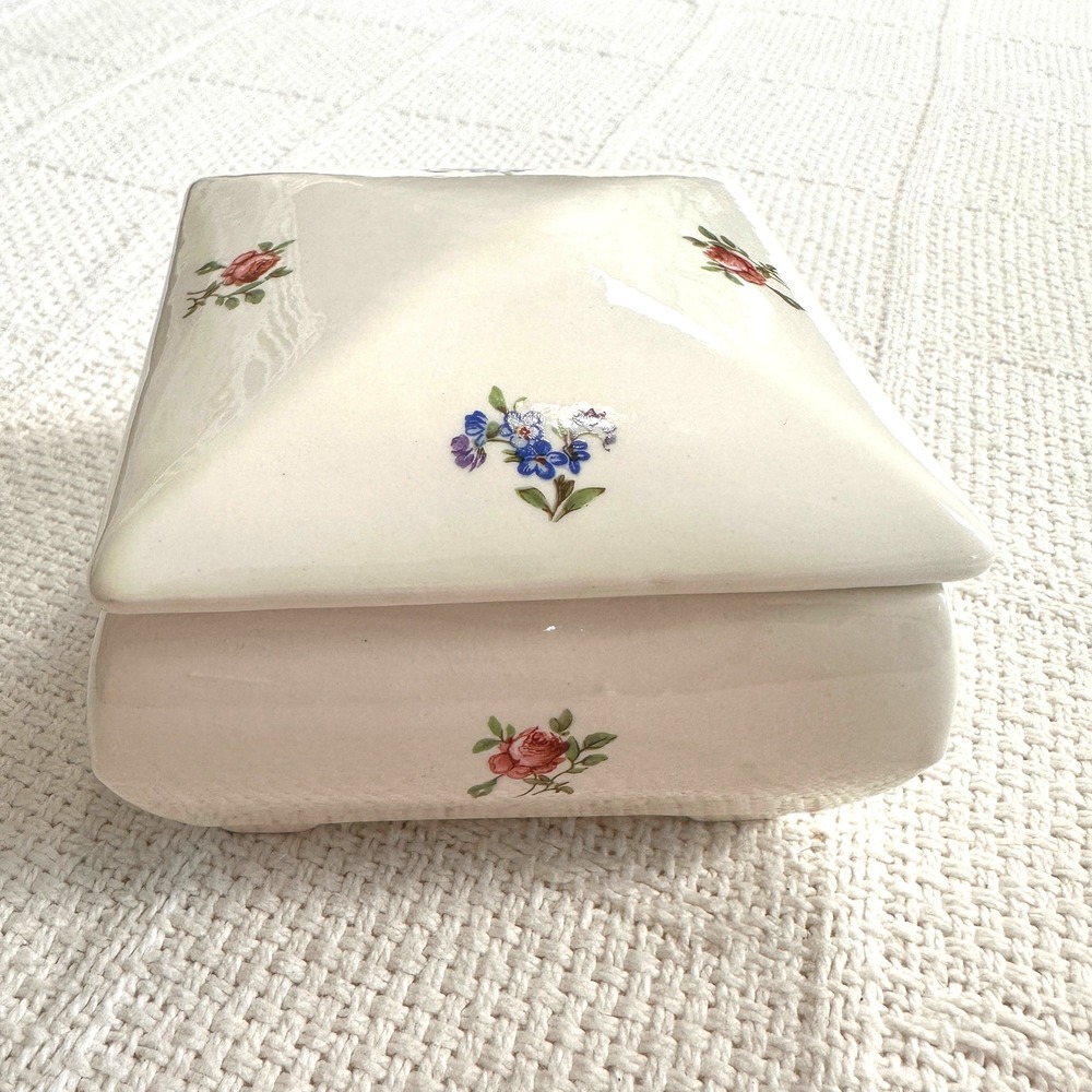 VTG 70s Ceramic Trinket Box Hand Painted Floral Jewelry Dish Signed 1973 Cottage